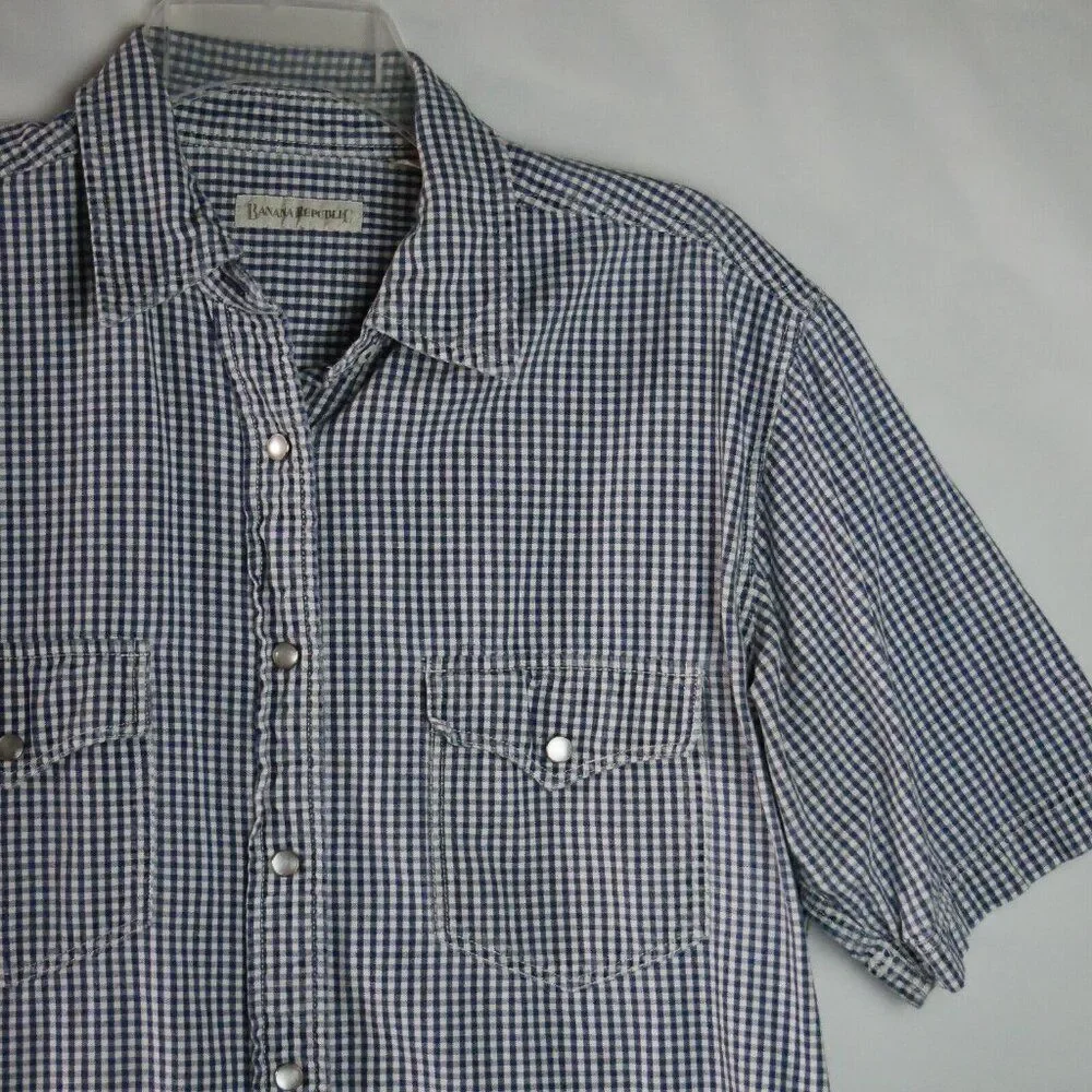 Banana Republic Men's Size L Pearl Snap Plaid Blue Short-Sleeve Button Down